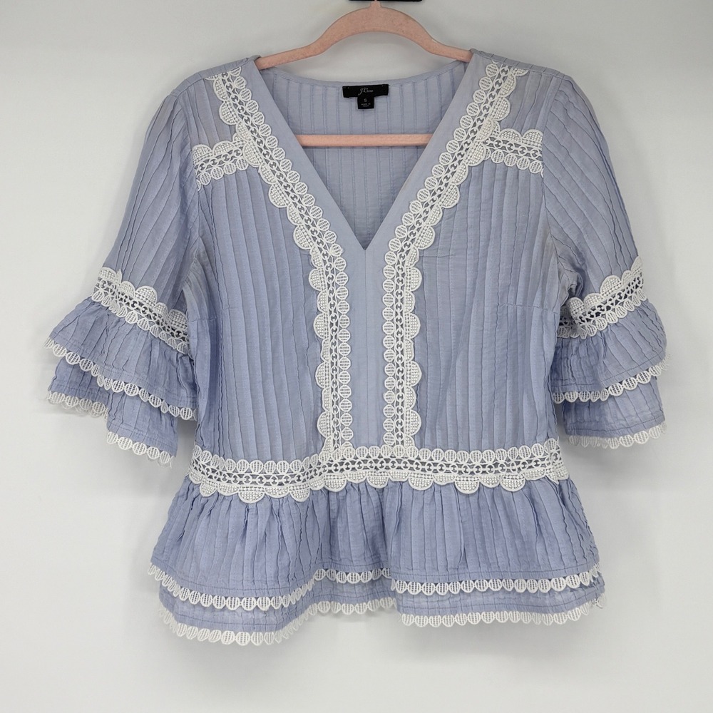 J.Crew Womens Blue Cotton Lace Trim Tiered Sleeve Peplum Top Small V-Neck Blouse